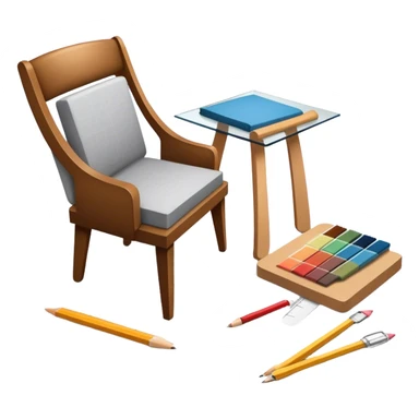 Icon for Furniture Design: a design process showing a sketch of a furniture piece, tools like a ruler and pencil, fabric swatches, and a 3D model of the piece being developed. The icon should represent the stages of furniture design and craftsmanship. Transparent background. sticker