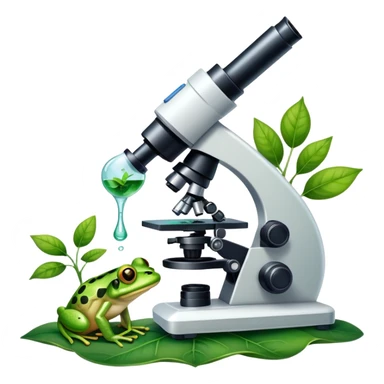 An icon featuring a DNA strand, a microscope, and a green leaf, symbolizing biology. The design includes animal cells, plant structures, and a frog, representing the study of living organisms and ecosystems. Transparent background highlights life sciences and biological research. sticker