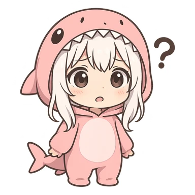 chibi style anime girl with white hair in a pink shark onesie, confused and cute expression sticker