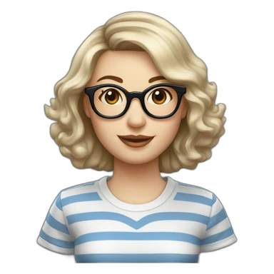 caucasian woman with retro glasses, dark brown hair a bob haircut, bangs, braces on teeth, blue and white striped t shirt sticker