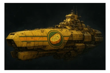 a massive cruiser size space supercarrier space ship, except it is decorated in a garlic bread insignia and paint scheme sticker