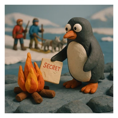 claymation style penguin on a rocky polar shore, burning secret files in a campfire, looking around nervously; far in the background, two people with wolf sled, rifles, skis sticker