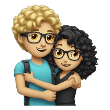 boy with curly blonde hair and glasses hugging girl with black hair and glasses sticker