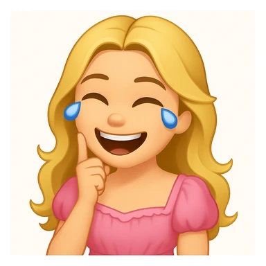 Edit the image to depict a long-haired blonde with swamp eyes wearing a pink pastel dress, in the style of iOS emoji. Match all features from the reference image but change the emotion to laughing. sticker