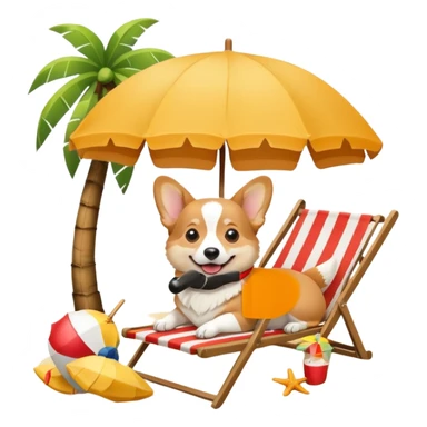 a corgi dog laied on a beach chair, a sunny beach, a sun umbrella, and beach coconut trees. the icon should capture the essence of a relaxing beach vacation with a carefree atmosphere sticker