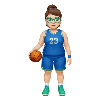 Full Body plus size white female basketball player with short medium brown hair with short spike hair wearing blue glasses 
With a small wide nose wearing blue green uniform  green sneakers smiling wearing silver hoop earrings sticker