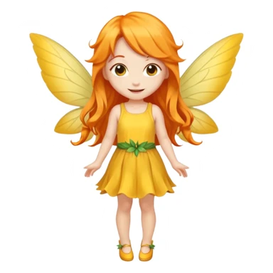 fairy with long orange hair, yellow wings, yellow dress, happy, chibi full body sticker