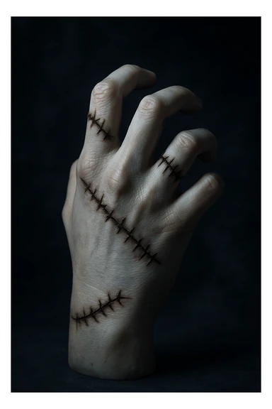 Wednesday Addams' hand inspired by Thing with stitched scars, moody gothic atmosphere sticker