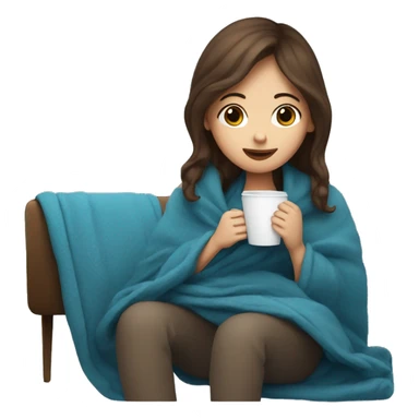 Brown hair Girl drinking coffee, with a blue cozy blanket sticker