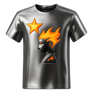 Isolate the flame t-shirt from the group and transform it into a 3D chrome metallic style, keeping all preset colors and details, highly reflective and shiny, no background. sticker