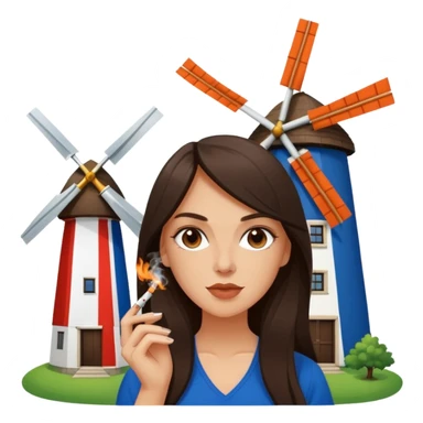 Windmill with on the top of the building a dutch flag and a white girl with long dark brown hair smoking a joint without filter. sticker
