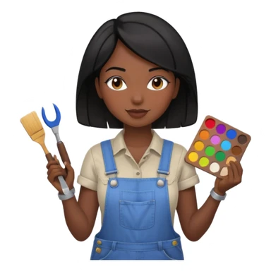 Créame emoji de una mujer que sea diseñadora industrial, pelo negra, piel morena, femenina con overol y una paleta de colores o herramientas de taller piel oscura chocolate  sticker