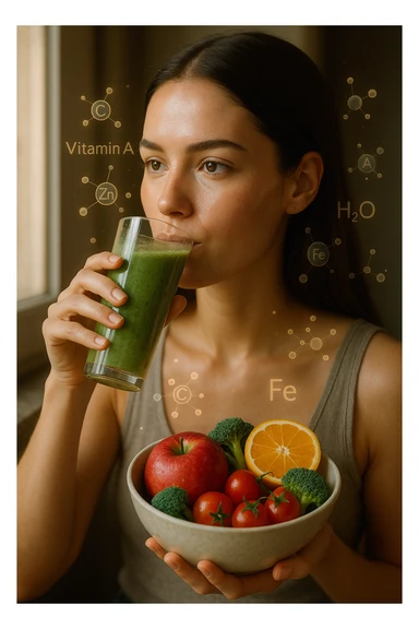 A highly realistic, cinematic portrait of a young woman in her late 20s with glowing, clear, healthy skin and a vibrant scalp with strong, shiny hair, symbolizing internal health reflecting outward. She has a calm, confident expression while sitting by a window with warm daylight softly illuminating her face, highlighting smooth, hydrated skin with a natural glow. Her hair appears clean, full, and strong, indicating a healthy scalp and balanced sebum production. She is drinking a glass of green smoothie rich in antioxidants and holding a bowl of colorful fruits and vegetables, symbolizing how internal nutrition supports skin and scalp health. Subtle, softly glowing overlays of molecular symbols for vitamins, minerals, and hydration molecules gently swirl around her, visually representing the concept of beauty and skin health from the inside out. Style: 35mm hyperrealistic film look, warm tones, soft depth of field, focusing on clear skin texture, healthy scalp, and vibrant hair to inspire holistic wellness sticker