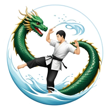 An icon symbolizing Eastern martial arts in the style of an emblem, featuring a black-and-white Yin-Yang symbol and a dragon at the center. A martial artist is performing a fluid kick, surrounded by elements like a dojo and bamboo. Transparent background highlights balance and power. sticker