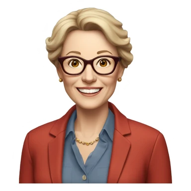 Woman in her 60s, with auburn hair, pale skin, glasses, brown eyes, smiling wearing a red blazer, collared shirt,  jeans sticker