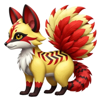Futuristic sanguine-red banana-yellow black chevron-marked furry fluffy floofy feathery tribal marked Genet-Absol-Kyurem-Zeraora-Primagen-fusion-creature  sticker