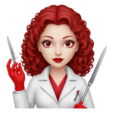 


Scary woman scalpel in hand, evil surgeon sexy surgeon clothes.  She has red eyes. Her  brown long curly hair. Wears sexy doctor outfit with red gloves. make her wear red ski mask  to hide. Wears white surgeon coat, wears  stilettos sticker