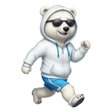 friendly anthropomorphised polar bear jogging upright wearing a hoodie and shorts, dark sunglasses sticker