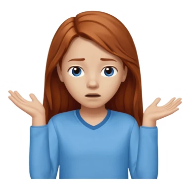 shrugging confused emoji tween long auburn hair light blue shirt with a darker blue L sticker