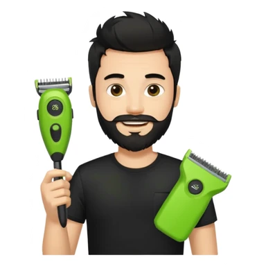 handsome young man, fair complexion, messy black hair and beard, smiling, black t-shirt, holding a single small true-to-size lime green face beard trimmer in one hand sticker