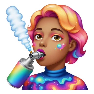 Emoji-style face inhaling from Galaxy Gas nitrous oxide canister, mouth on nozzle, kaleidoscope psychedelic eyes, colorful vapor swirling sticker