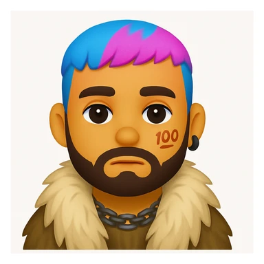 Create an emoji style image of a character with short blue and pink hair, beard, earrings, facial tattoo, wearing a fur coat, and natural skin tone. The style should resemble emoji style. sticker