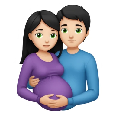 Make a couple hugging the girl is white with long black hair with blue eyes. The girl is hugging a boy with light brown short hair with green eyes. The boz is pregnant  sticker