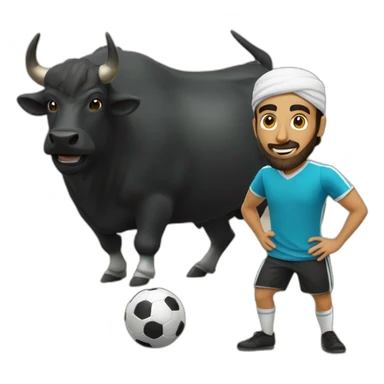 Arab guy playing soccer, a black bull stand in front of him sticker