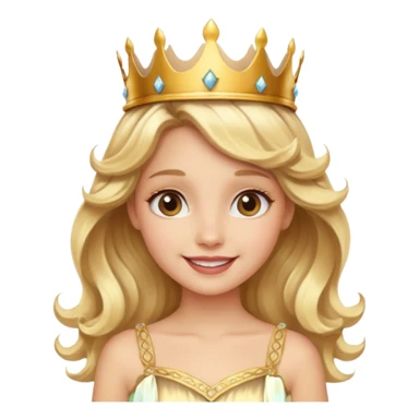 Cheerful blonde princess with wavy hair and light gold dress, wearing crown sticker