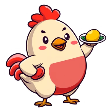 Four separate cute protein stickers: happy chicken breast with tiny arms, smiling red meat steak, cheerful salmon fillet, and joyful egg, each with little muscle arm flexing, showing their protein power sticker