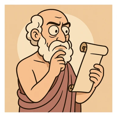 ancient Greek philosopher with thoughtful expression holding a scroll in classic cartoon style sticker