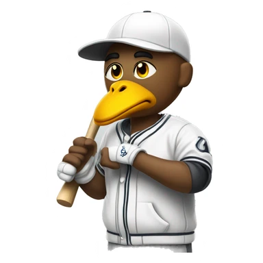 man in chiken head in gray white baseball jacket holding bat sticker