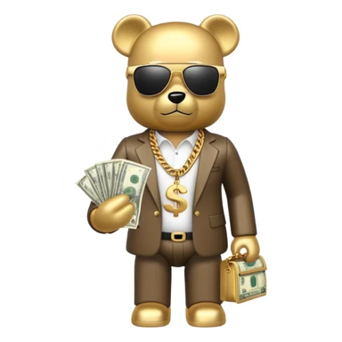 hustler bearbrick toy figure wearing gold chain, sunglasses and money sticker