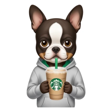 Boston Terrier holding a Starbucks drink wearing a hoodie sticker