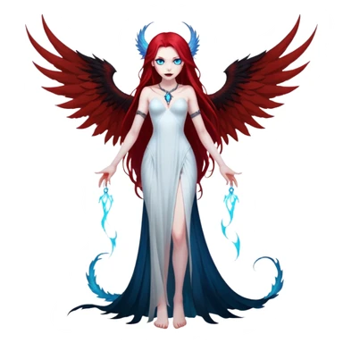 full body portrait of an extremely diabolical girl with pale white skin, massive towering wings, very long flowing blood red hair, glowing blue eyes, black hellfire aura, completely plain head with no accessories or features except hair, evil grin, no necklace sticker