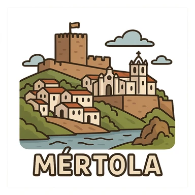 flat toon style icon of Mértola with castle and river sticker