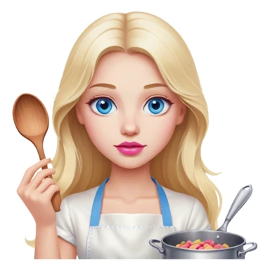 Cinematic realistic beautiful blonde with long hair, blue eyes and pink lips in a white dress cooks sticker