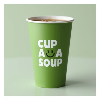 photorealistic green cup with the Cup A Soup logo, clear branding, simple background sticker