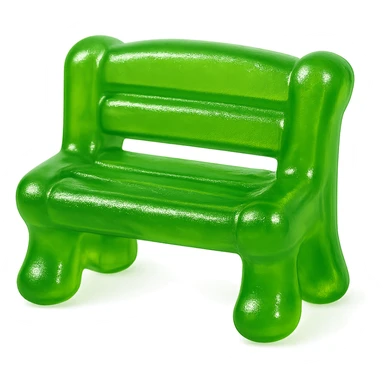 a green gummy candy shaped like a bench, shiny and translucent, playful and cute, candy texture, soft and bouncy appearance, whimsical with a translucent jelly effect sticker