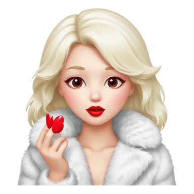 A beautiful, cute girl with red lipstick on her lips is posing for a photo in a white fur coat, and she's seen in full view, blowing a kiss. sticker