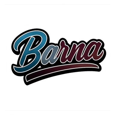 Text image of the name 'Barna' in a modern, dynamic font with masculine gradient colors including blue, green, gray, dark burgundy, brown, and dark blue shades. The text has a thin white outline, a dark outer contour, and an underline. The style is inspired by the Péter sample image. Size 1000x1000 px, PNG format, transparent background. sticker