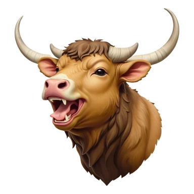 Cinematic Cute Yawning Domestic Ox Portrait Emoji, Head tilted slightly with a dramatic, wide-open yawn, showcasing a soft, textured hide with drooping horns and half-closed, drowsy eyes, Simplified yet irresistibly adorable features, highly detailed, glowing with a soft, cozy natural glow, high shine, relaxed yet expressive, stylized with a dash of pastoral whimsy, soft glowing outline, capturing the essence of a sleepy yet affectionate ox that seems ready to stretch out for a nap! sticker