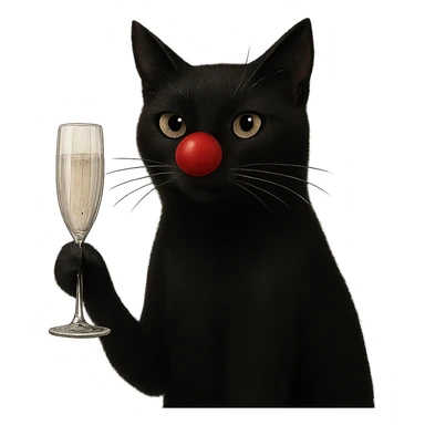 black cat with a red clown nose holding a glass of champagne, elegant and whimsical sticker