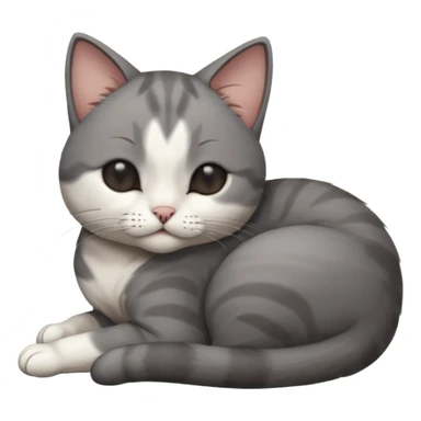 dark grey and white small cat with his eyes closed leaning his head on his paw while leaning on his elbow lying down sticker