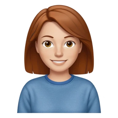 A 38 year old white woman with brown hair and freckles wearing a sweatshirt and jeans smiling sticker