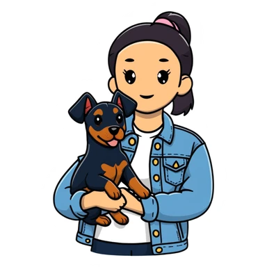 girl in denim jacket holding a Doberman dog sticker