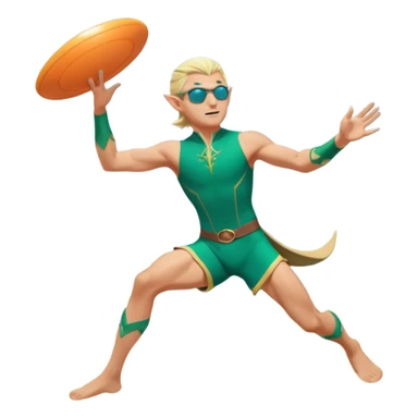 elf male legolas mid-action throw, launching a frisbee woven from pure sunlight, wearing sporty teal swim shorts and performance sunglasses, athletic pose, pointy ears, dynamic motion lines, beach sky backdrop, centered emoji sticker