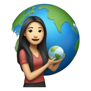 A long-haired Asian woman holding a universal studio globe sticker