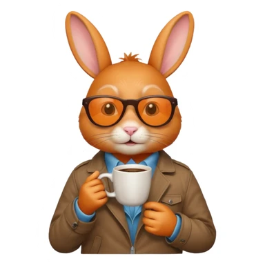 Orange rabbit, wearing brown jacket, sunglasses, holding coffee mug sticker