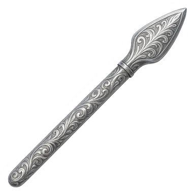 Engrave this steel spear with elegant silver engravings, keep it crisp, shiny, and slightly fancier than iron, realistic metallic steel, emoji style. Transparent background. sticker